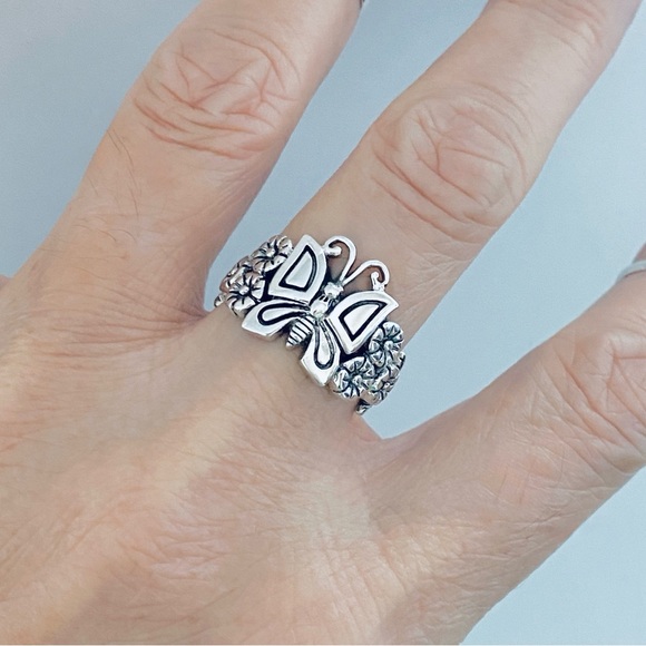 Sterling Silver Statement Butterfly and Plumeria Ring, Flower Rings, Bug Jewelry - Picture 13 of 13